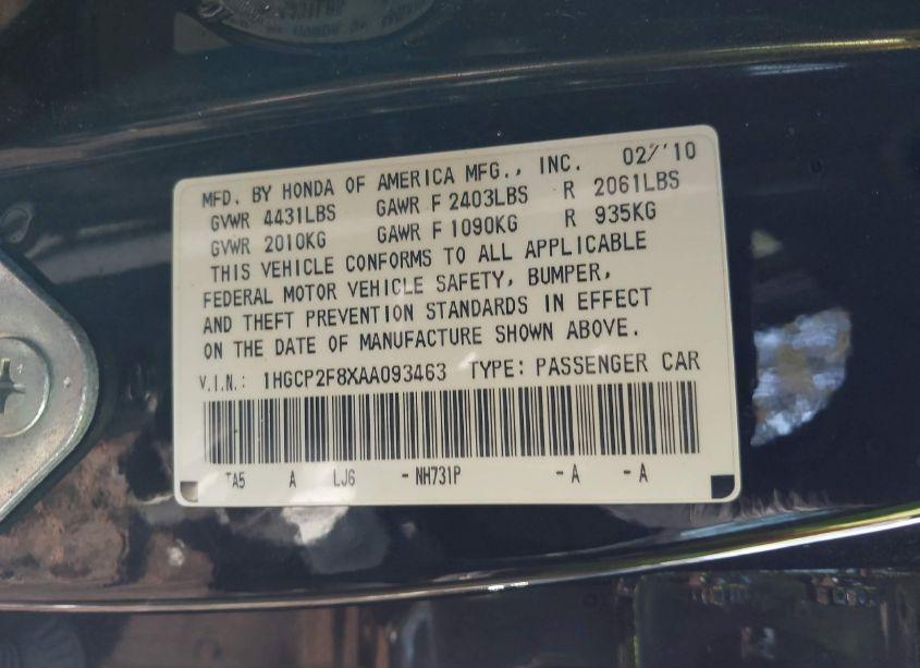 Photo 9 of 2010 Honda Accord 2.4 EX-L (VIN 1HGCP2F8XAA093463)