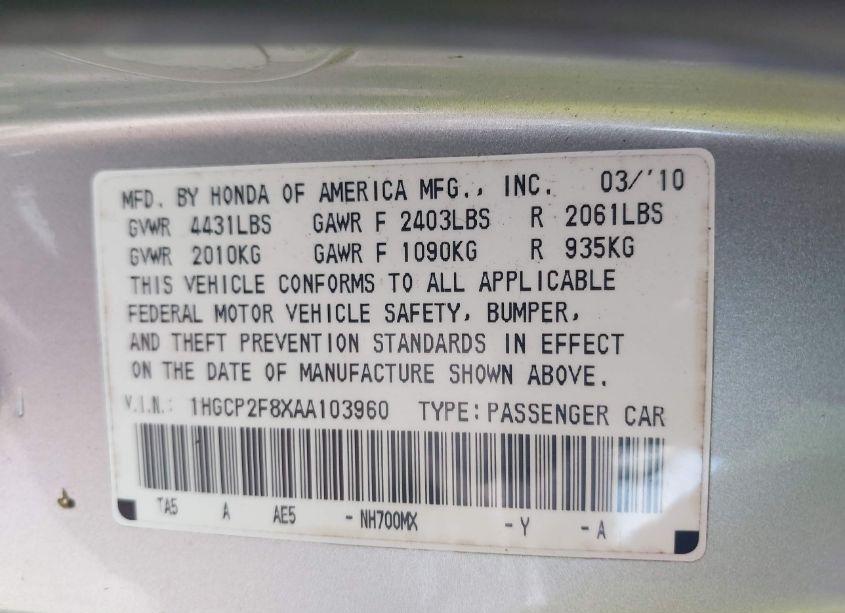 Photo 9 of 2010 Honda Accord 2.4 EX-L (VIN 1HGCP2F8XAA103960)