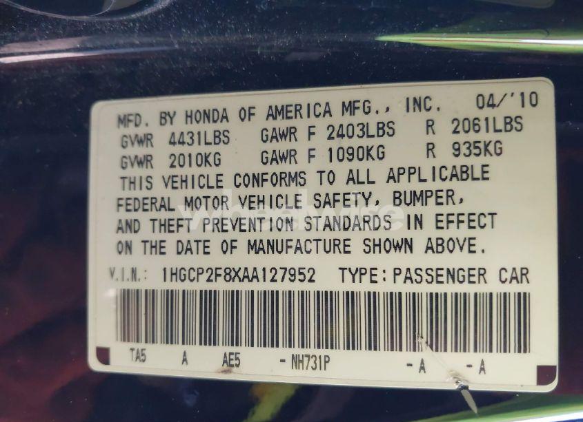 Photo 9 of 2010 Honda Accord 2.4 EX-L (VIN 1HGCP2F8XAA127952)