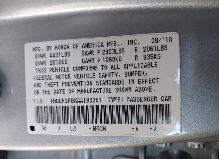 Photo 9 of 2010 Honda Accord 2.4 EX-L (VIN 1HGCP2F8XAA190761)