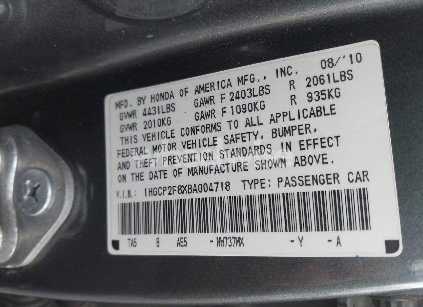 Photo 9 of 2011 Honda Accord 2.4 EX-L (VIN 1HGCP2F8XBA004718)