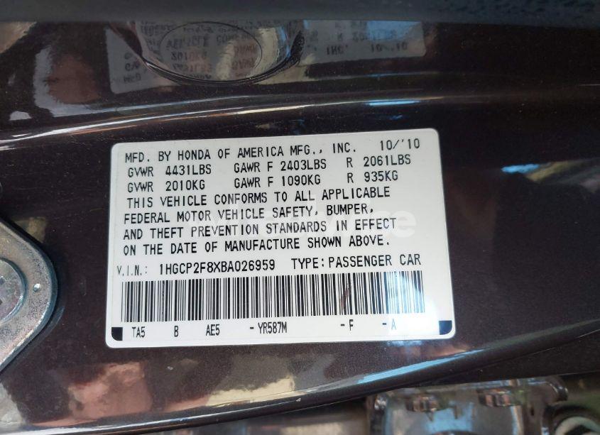 Photo 9 of 2011 Honda Accord 2.4 EX-L (VIN 1HGCP2F8XBA026959)