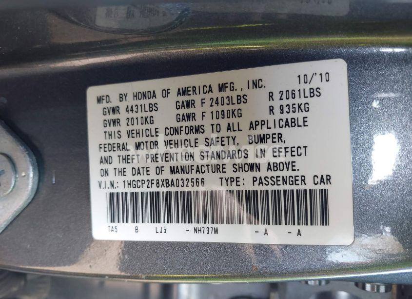 Photo 9 of 2011 Honda Accord 2.4 EX-L (VIN 1HGCP2F8XBA032566)