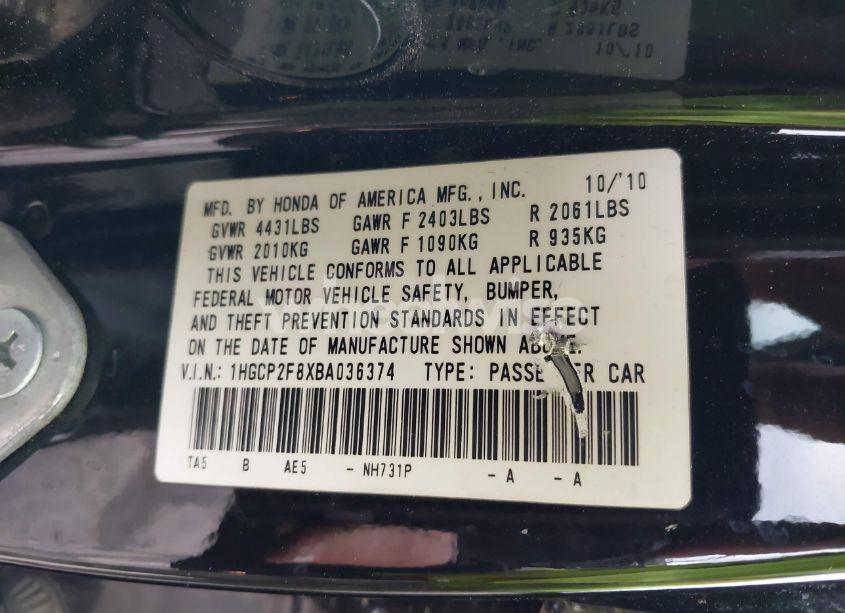 Photo 9 of 2011 Honda Accord 2.4 EX-L (VIN 1HGCP2F8XBA036374)