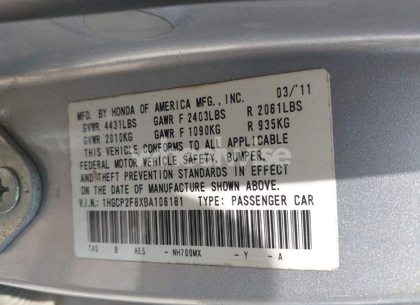 Photo 9 of 2011 Honda Accord 2.4 EX-L (VIN 1HGCP2F8XBA106181)