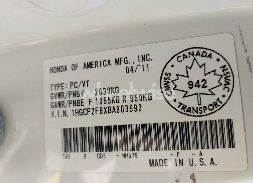 Photo 9 of 2011 Honda Accord 2.4 EX-L (VIN 1HGCP2F8XBA803592)