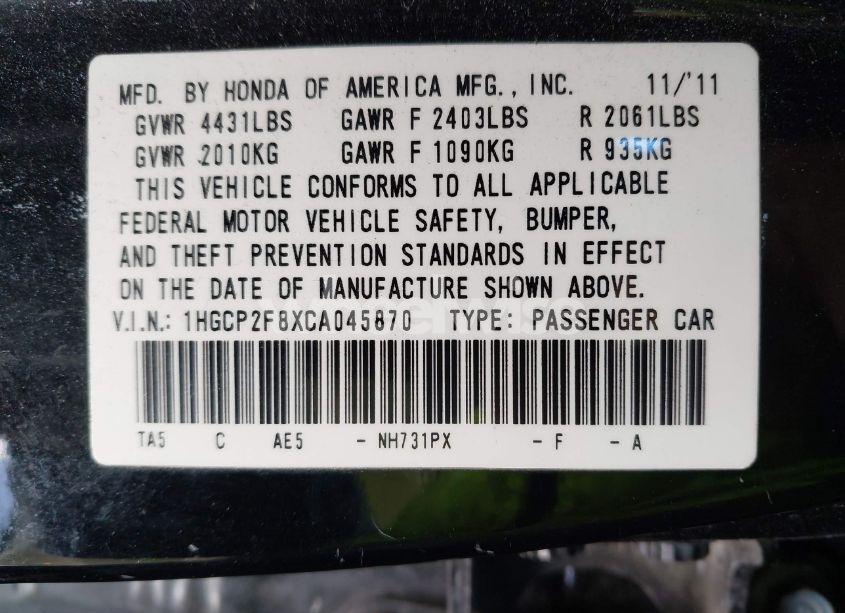 Photo 9 of 2012 Honda Accord 2.4 EX-L (VIN 1HGCP2F8XCA045870)