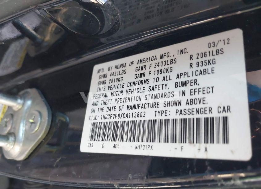 Photo 9 of 2012 Honda Accord 2.4 EX-L (VIN 1HGCP2F8XCA113603)