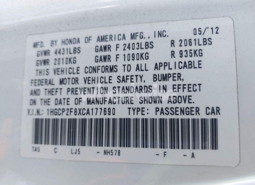 Photo 9 of 2012 Honda Accord 2.4 EX-L (VIN 1HGCP2F8XCA177690)