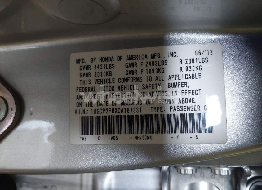 Photo 9 of 2012 Honda Accord 2.4 EX-L (VIN 1HGCP2F8XCA187331)