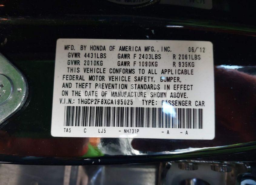 Photo 9 of 2012 Honda Accord 2.4 EX-L (VIN 1HGCP2F8XCA195025)