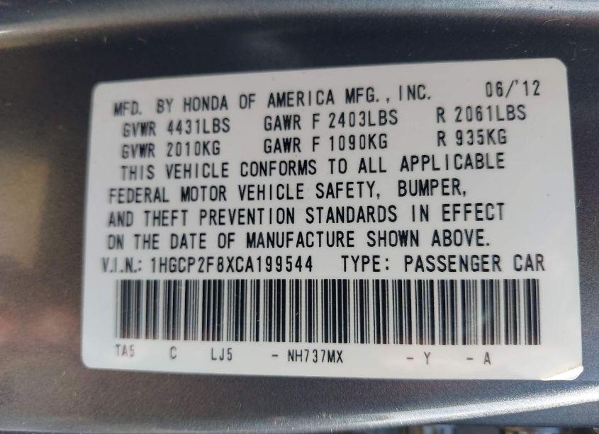 Photo 9 of 2012 Honda Accord 2.4 EX-L (VIN 1HGCP2F8XCA199544)