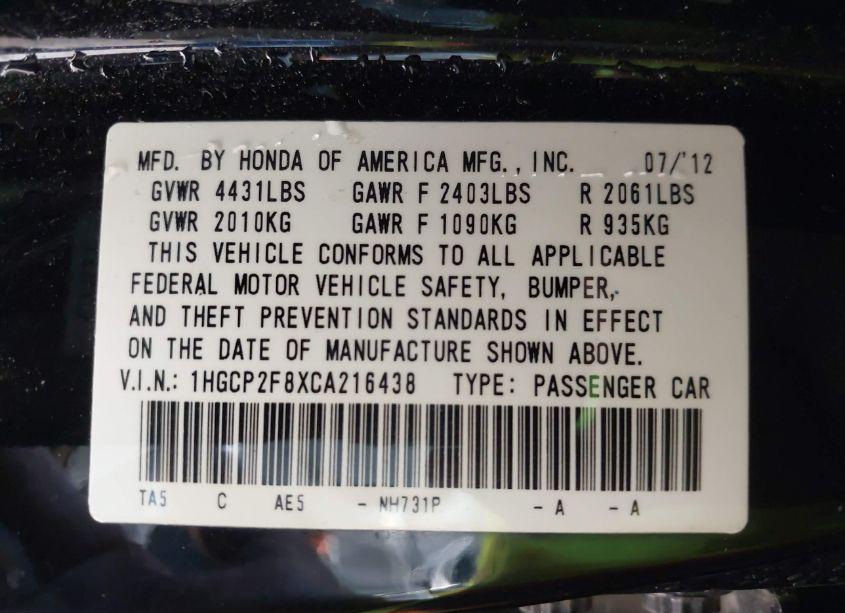 Photo 9 of 2012 Honda Accord 2.4 EX-L (VIN 1HGCP2F8XCA216438)