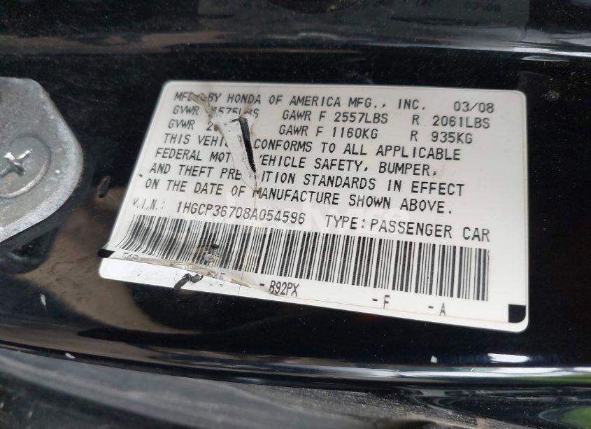 Photo 9 of 2008 Honda Accord 3.5 EX (VIN 1HGCP36708A054596)