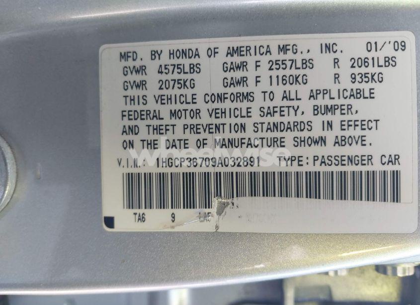 Photo 9 of 2009 Honda Accord 3.5 EX (VIN 1HGCP36709A032891)