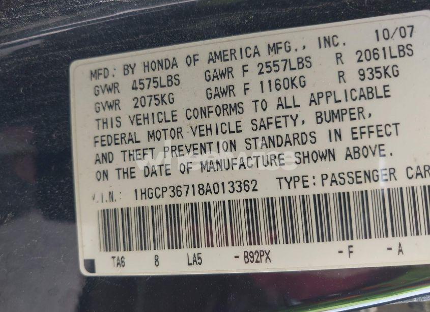 Photo 9 of 2008 Honda Accord 3.5 EX (VIN 1HGCP36718A013362)
