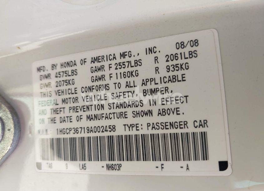 Photo 9 of 2009 Honda Accord 3.5 EX (VIN 1HGCP36719A002458)