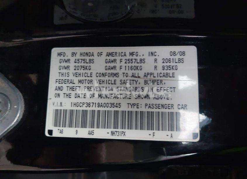 Photo 9 of 2009 Honda Accord 3.5 EX (VIN 1HGCP36719A003545)