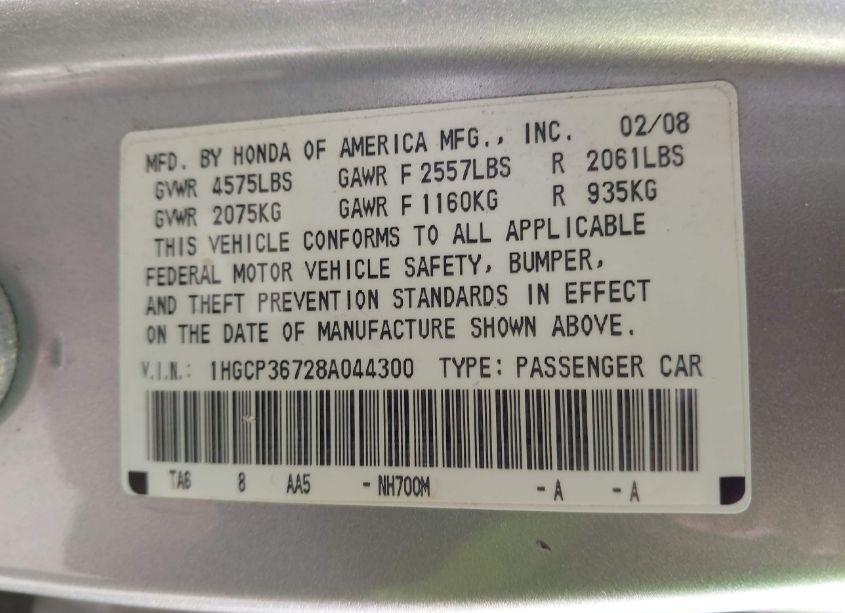 Photo 9 of 2008 Honda Accord 3.5 EX (VIN 1HGCP36728A044300)