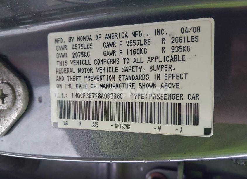 Photo 9 of 2008 Honda Accord 3.5 EX (VIN 1HGCP36728A063980)