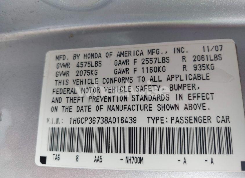 Photo 9 of 2008 Honda Accord 3.5 EX (VIN 1HGCP36738A016439)