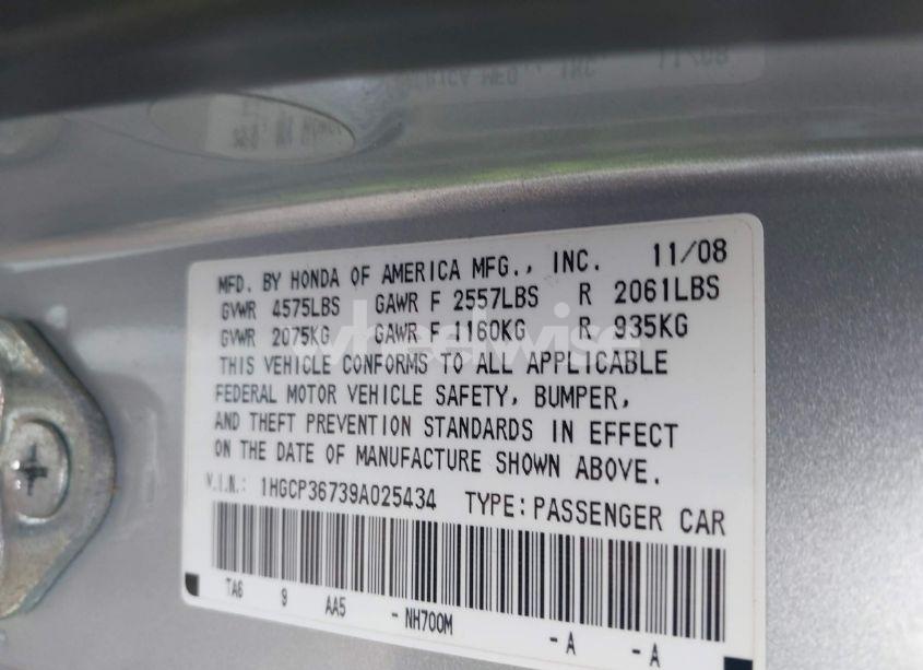 Photo 9 of 2009 Honda Accord 3.5 EX (VIN 1HGCP36739A025434)