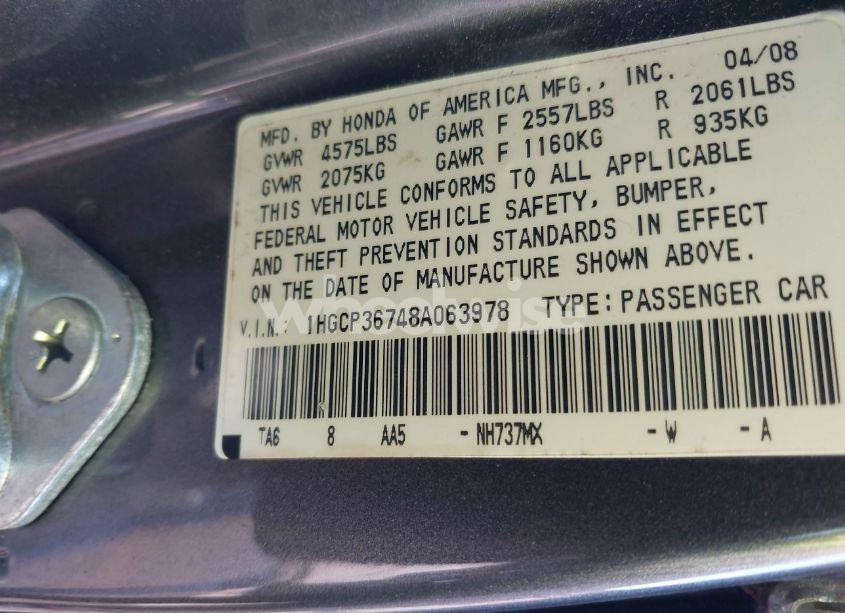 Photo 9 of 2008 Honda Accord 3.5 EX (VIN 1HGCP36748A063978)
