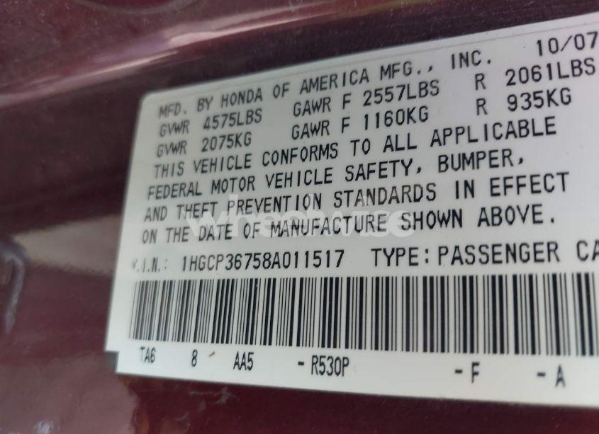 Photo 9 of 2008 Honda Accord 3.5 EX (VIN 1HGCP36758A011517)