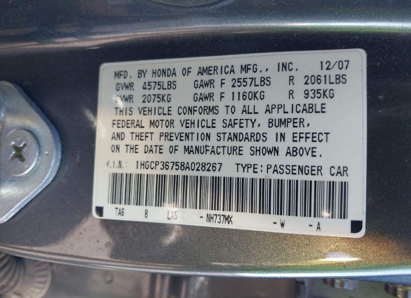 Photo 9 of 2008 Honda Accord 3.5 EX (VIN 1HGCP36758A028267)