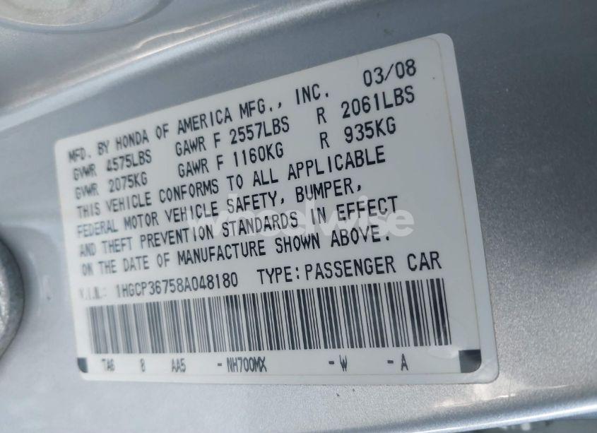 Photo 9 of 2008 Honda Accord 3.5 EX (VIN 1HGCP36758A048180)