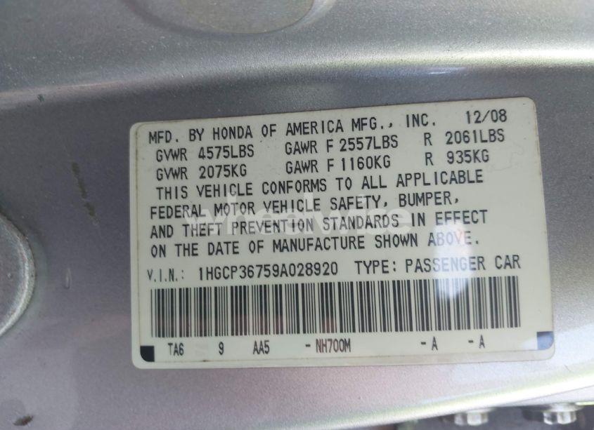 Photo 9 of 2009 Honda Accord 3.5 EX (VIN 1HGCP36759A028920)
