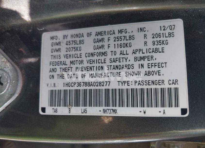 Photo 9 of 2008 Honda Accord 3.5 EX (VIN 1HGCP36788A028277)