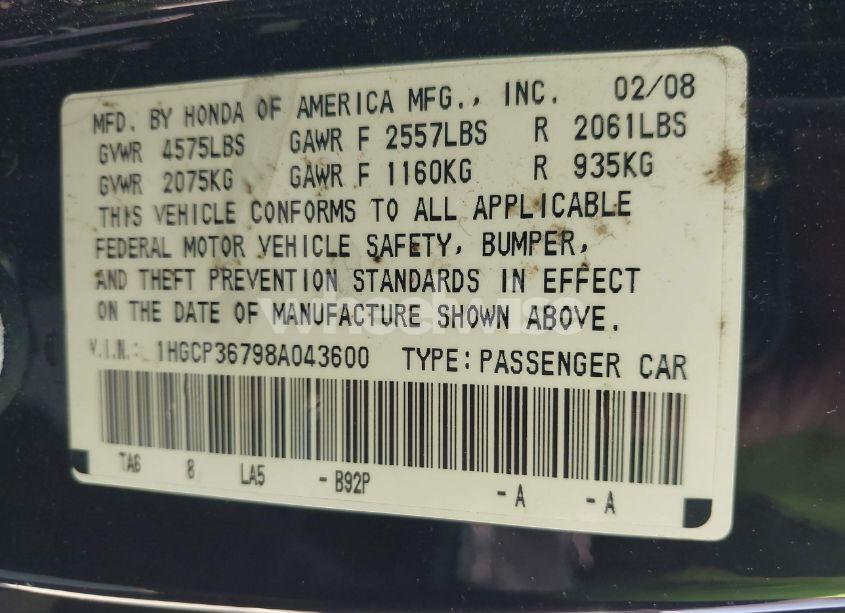 Photo 9 of 2008 Honda Accord 3.5 EX (VIN 1HGCP36798A043600)