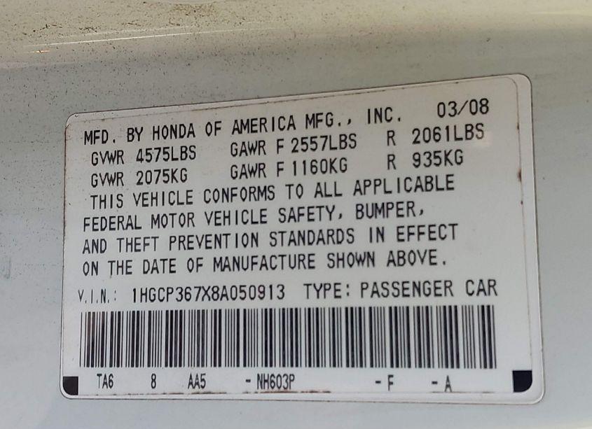 Photo 9 of 2008 Honda Accord 3.5 EX (VIN 1HGCP367X8A050913)