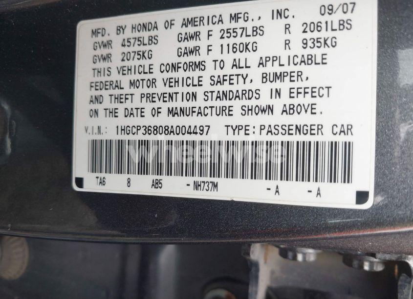Photo 9 of 2008 Honda Accord 3.5 EX-L (VIN 1HGCP36808A004497)