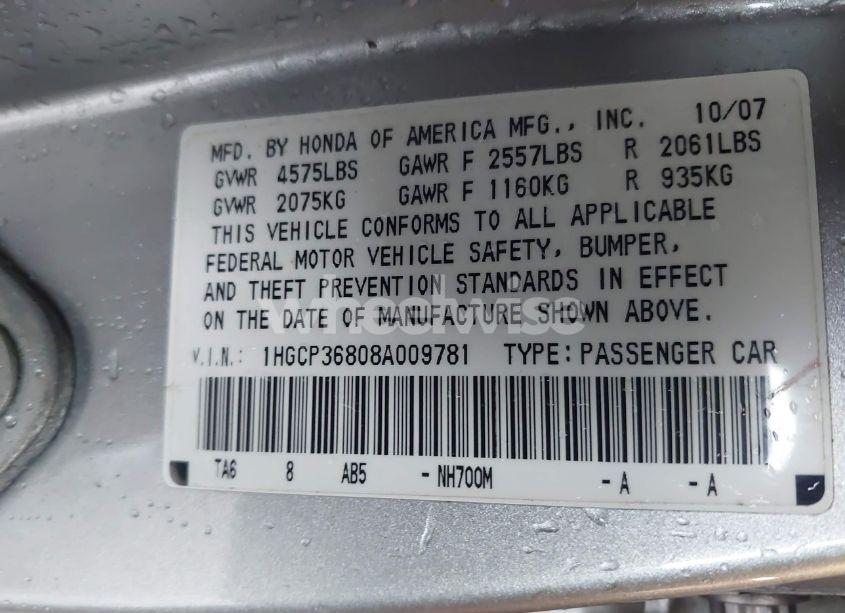 Photo 9 of 2008 Honda Accord 3.5 EX-L (VIN 1HGCP36808A009781)