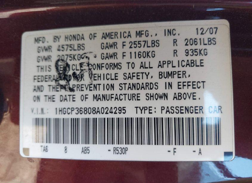 Photo 9 of 2008 Honda Accord 3.5 EX-L (VIN 1HGCP36808A024295)