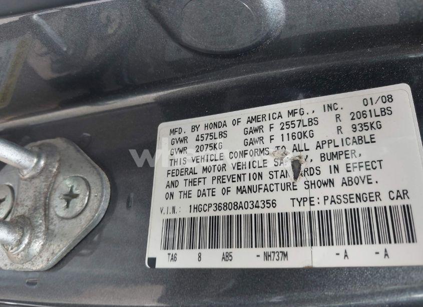 Photo 9 of 2008 Honda Accord 3.5 EX-L (VIN 1HGCP36808A034356)