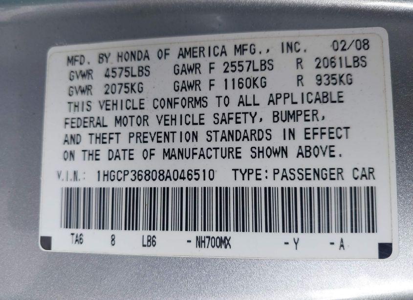 Photo 9 of 2008 Honda Accord 3.5 EX-L (VIN 1HGCP36808A046510)