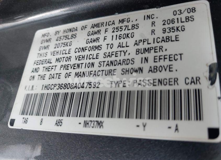 Photo 9 of 2008 Honda Accord 3.5 EX-L (VIN 1HGCP36808A047592)