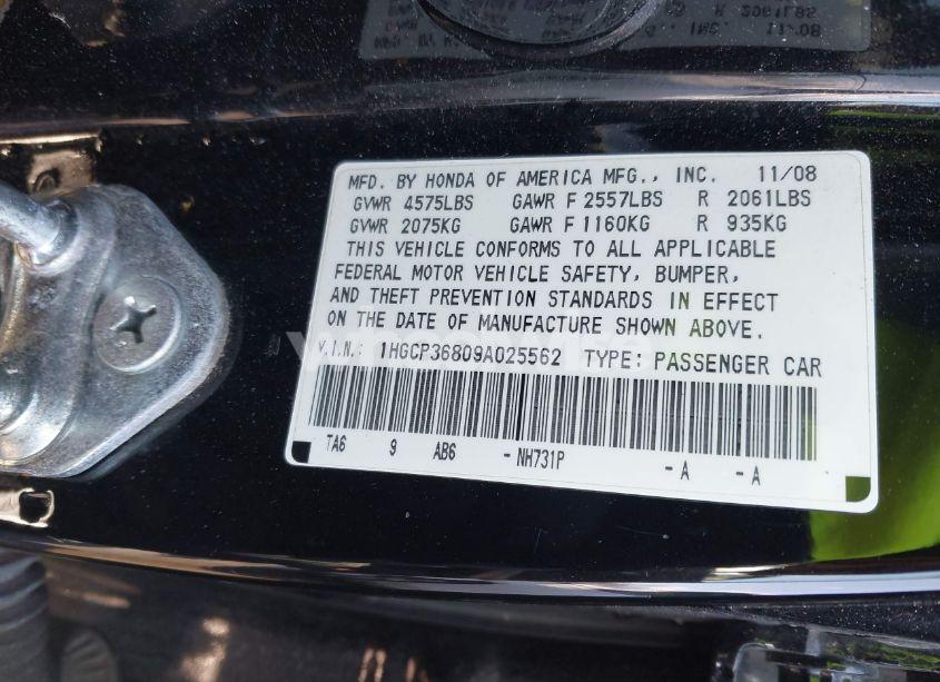 Photo 9 of 2009 Honda Accord 3.5 EX-L (VIN 1HGCP36809A025562)