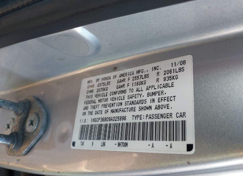 Photo 9 of 2009 Honda Accord 3.5 EX-L (VIN 1HGCP36809A025996)