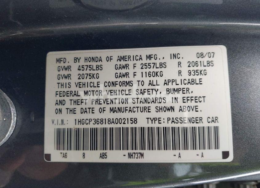 Photo 9 of 2008 Honda Accord 3.5 EX-L (VIN 1HGCP36818A002158)