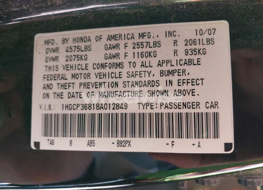 Photo 9 of 2008 Honda Accord 3.5 EX-L (VIN 1HGCP36818A012849)