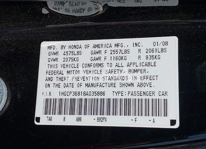 Photo 9 of 2008 Honda Accord 3.5 EX-L (VIN 1HGCP36818A035886)