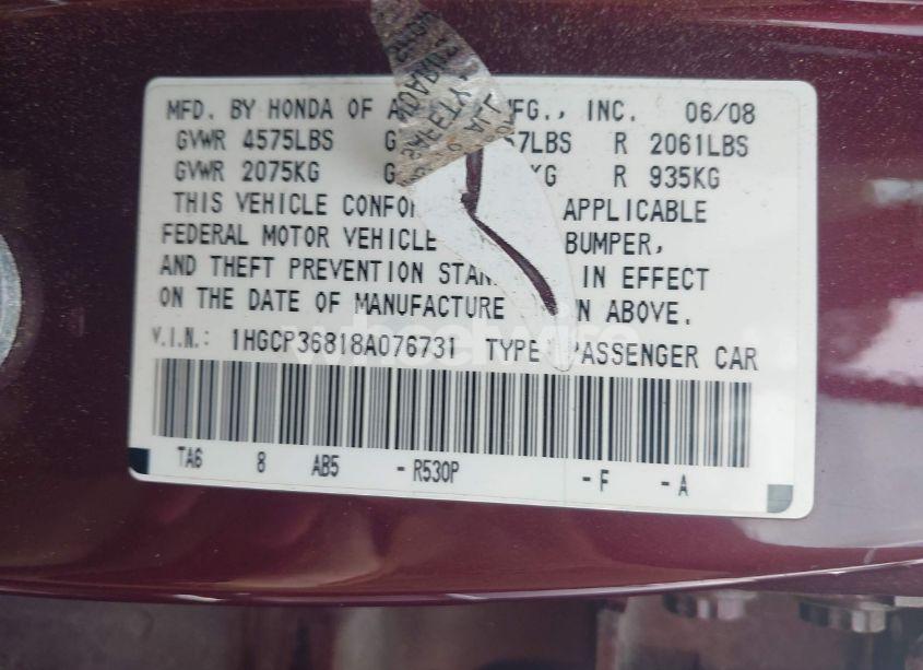 Photo 9 of 2008 Honda Accord 3.5 EX-L (VIN 1HGCP36818A076731)