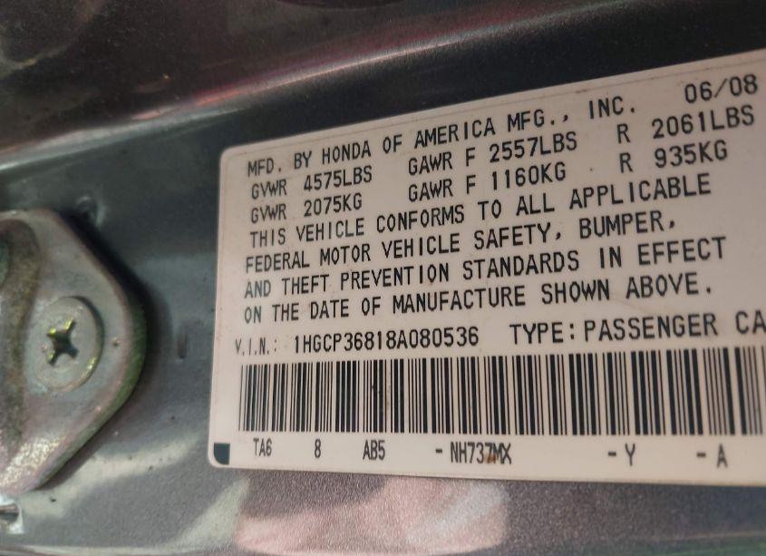 Photo 9 of 2008 Honda Accord 3.5 EX-L (VIN 1HGCP36818A080536)