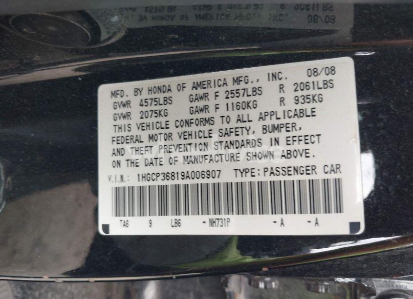 Photo 9 of 2009 Honda Accord 3.5 EX-L (VIN 1HGCP36819A006907)
