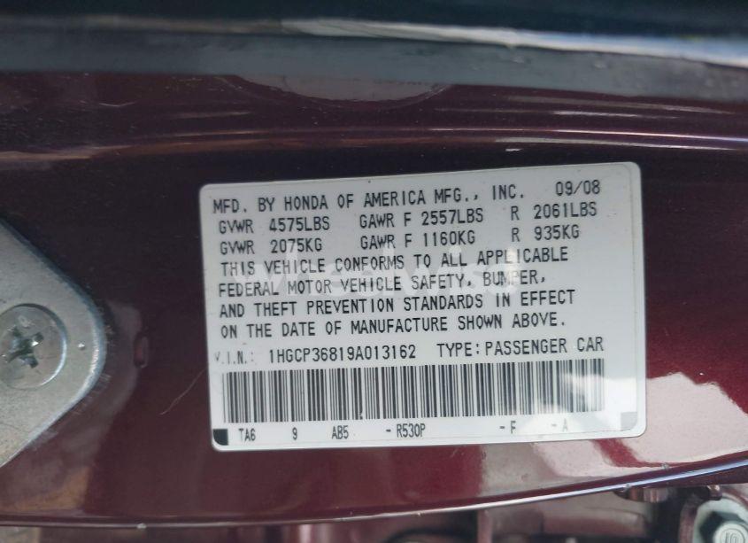 Photo 9 of 2009 Honda Accord 3.5 EX-L (VIN 1HGCP36819A013162)