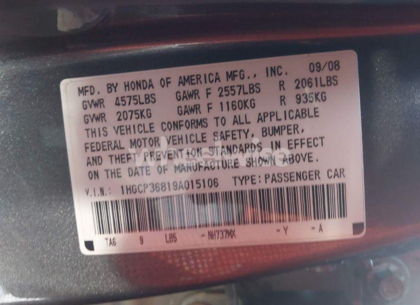 Photo 9 of 2009 Honda Accord 3.5 EX-L (VIN 1HGCP36819A015106)